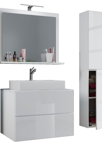 Lendas M baderomsmbelsett - speilglass, keramikk og hvit melamin (sett med 4)