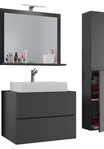 Lendas M baderomsmbelsett - speilglass, keramikk og antrasittgr melamin (sett med 4)