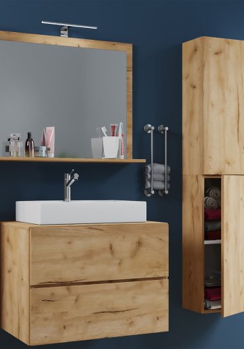 Lendas M baderomsmbelsett - speilglass, keramikk og naturfarget melamin (sett med 4)