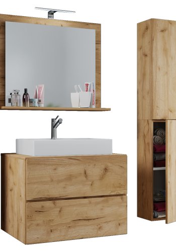 Lendas M baderomsmbelsett - speilglass, keramikk og naturfarget melamin (sett med 4)