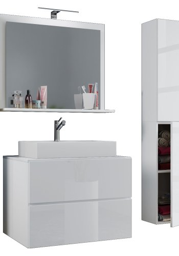 Lendas M baderomsmbelsett - speilglass, keramikk og hvit melamin (sett med 4)