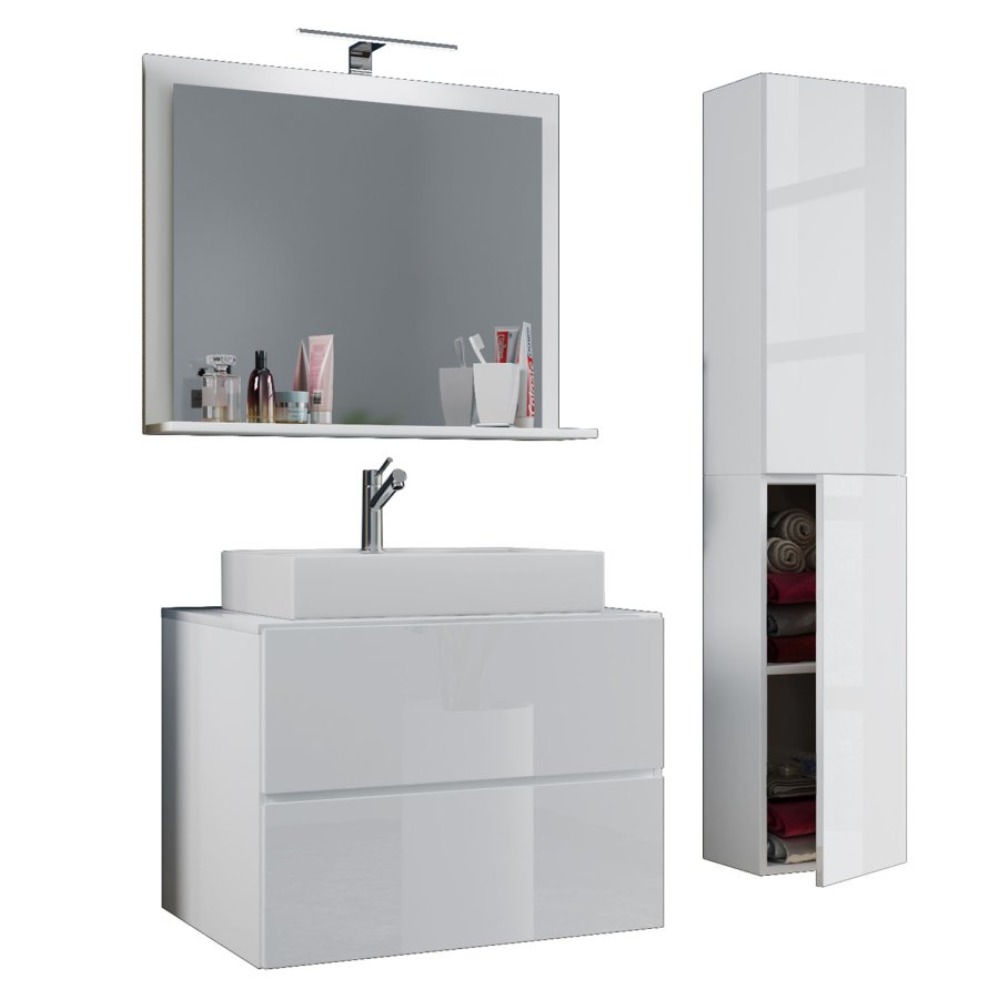 Lendas M baderomsmbelsett - speilglass, keramikk og hvit melamin (sett med 4)