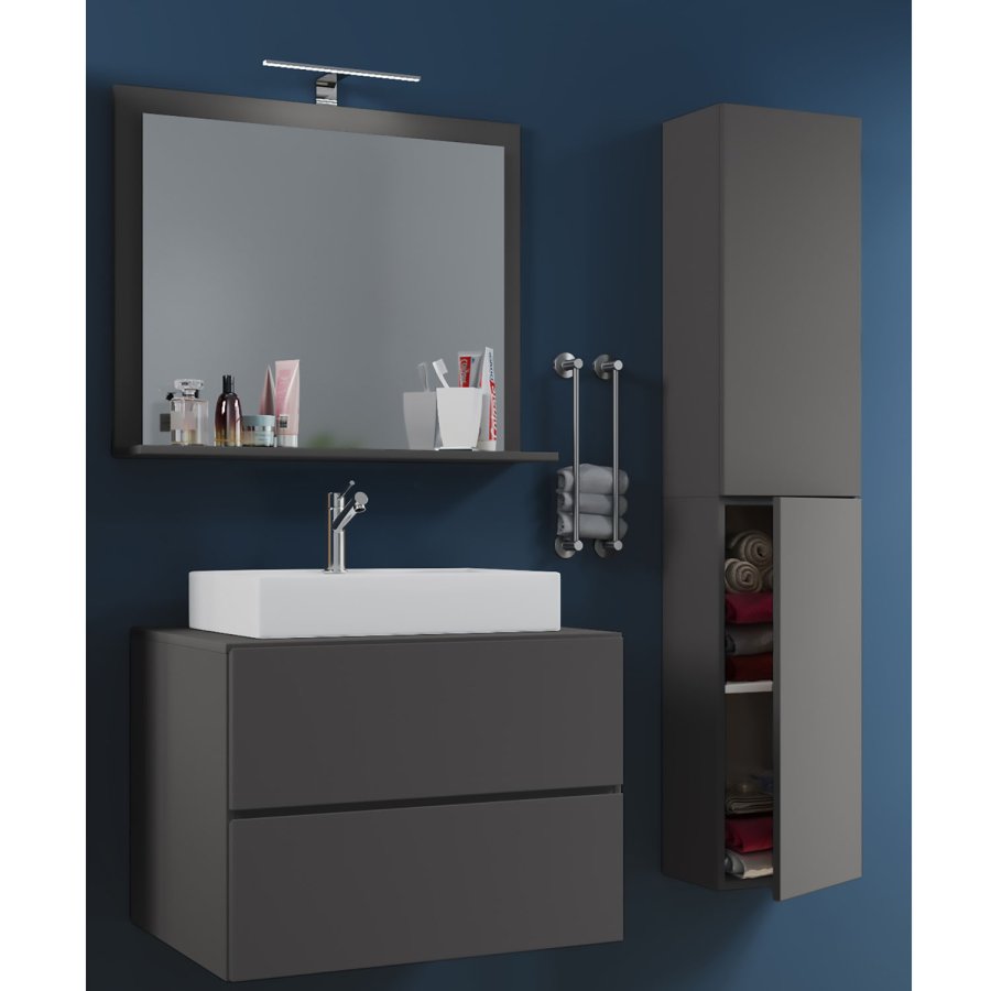 Lendas M baderomsmbelsett - speilglass, keramikk og antrasittgr melamin (sett med 4)