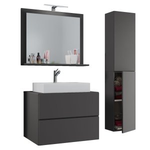 VCM NORDIC Lendas M badrumsmöbler set - spegelglas, keramik och antracitgr melamin (set om 4)