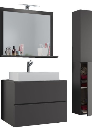 Lendas M baderomsmbelsett - speilglass, keramikk og antrasittgr melamin (sett med 4)