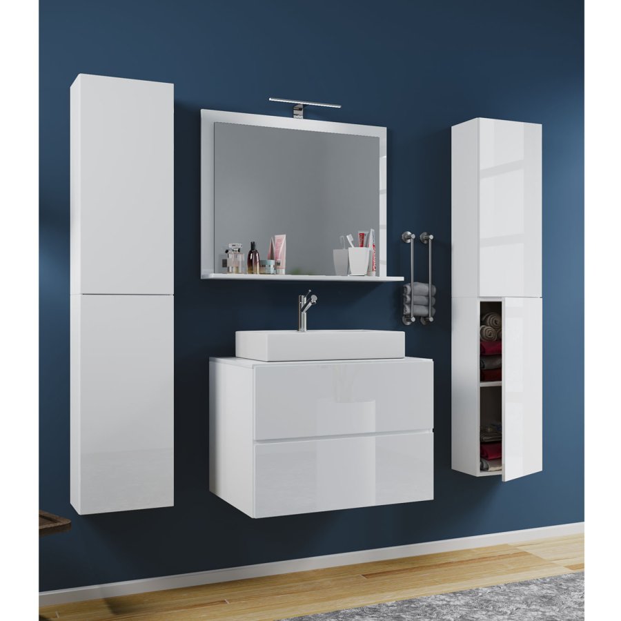 Lendas M baderomsmbelsett - speilglass, keramikk og hvit melamin (sett med 5)