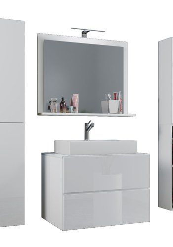 Lendas M baderomsmbelsett - speilglass, keramikk og hvit melamin (sett med 5)