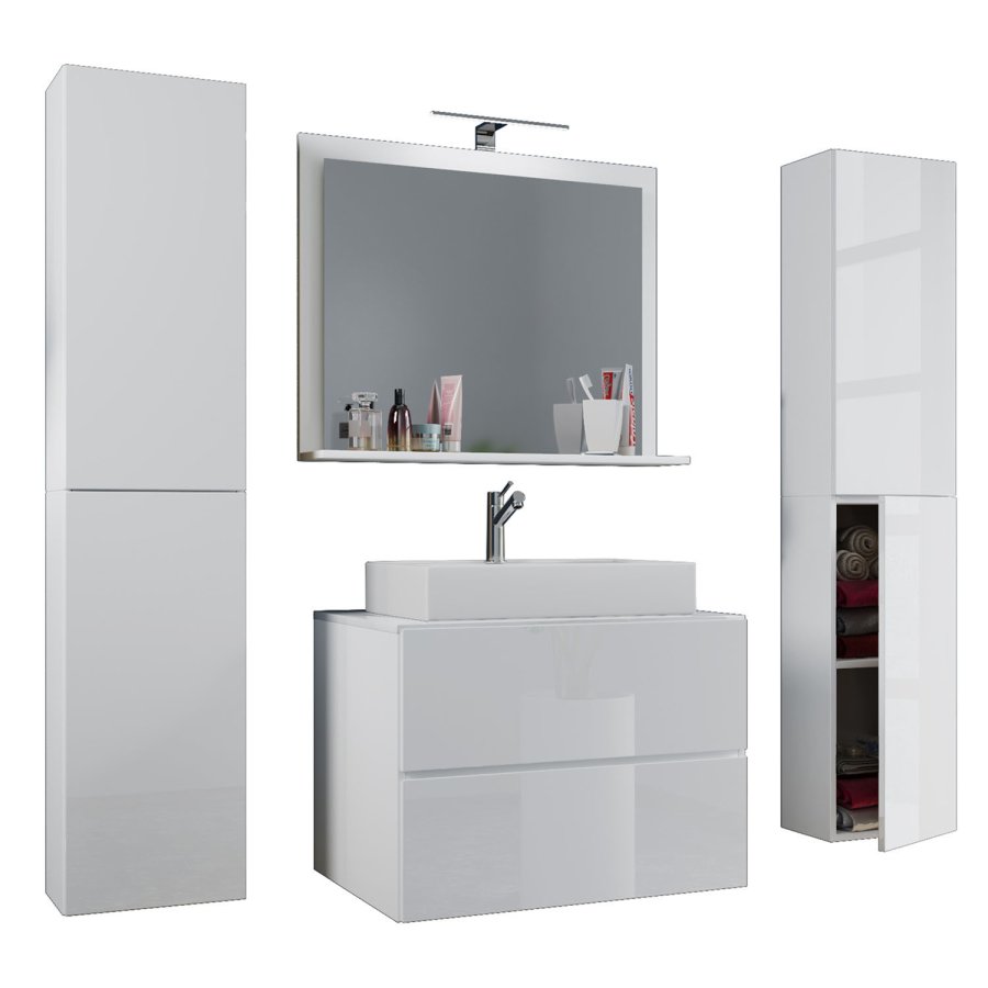 Lendas M baderomsmbelsett - speilglass, keramikk og hvit melamin (sett med 5)