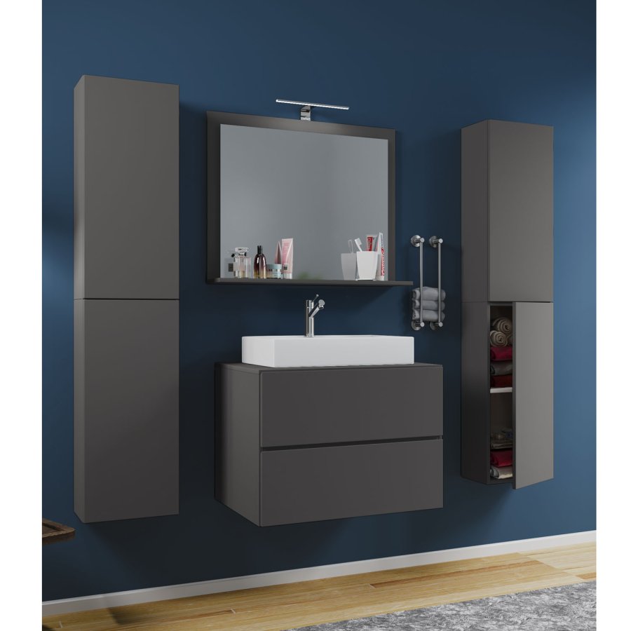 Lendas M baderomsmbelsett - speilglass, keramikk og antrasittgr melamin (sett med 5)