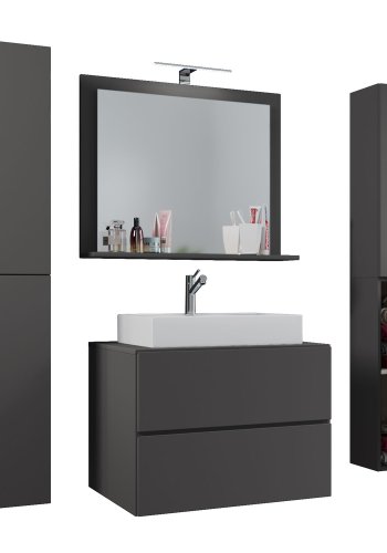 Lendas M baderomsmbelsett - speilglass, keramikk og antrasittgr melamin (sett med 5)