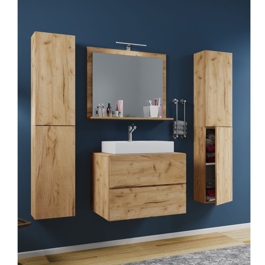 Lendas M baderomsmbelsett - speilglass, keramikk og naturlig melamin (sett med 5)