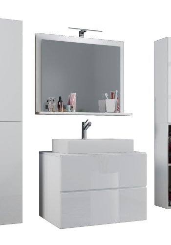 Lendas M baderomsmbelsett - speilglass, keramikk og hvit melamin (sett med 5)