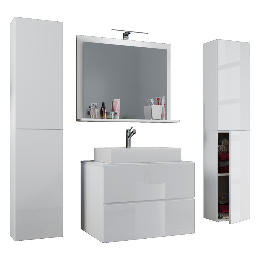 Lendas M baderomsmbelsett - speilglass, keramikk og hvit melamin (sett med 5)