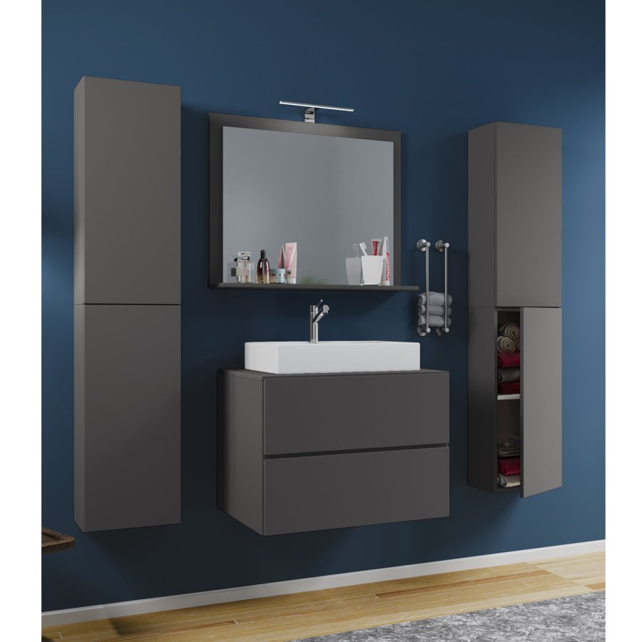 Lendas M baderomsmbelsett - speilglass, keramikk og antrasittgr melamin (sett med 5)