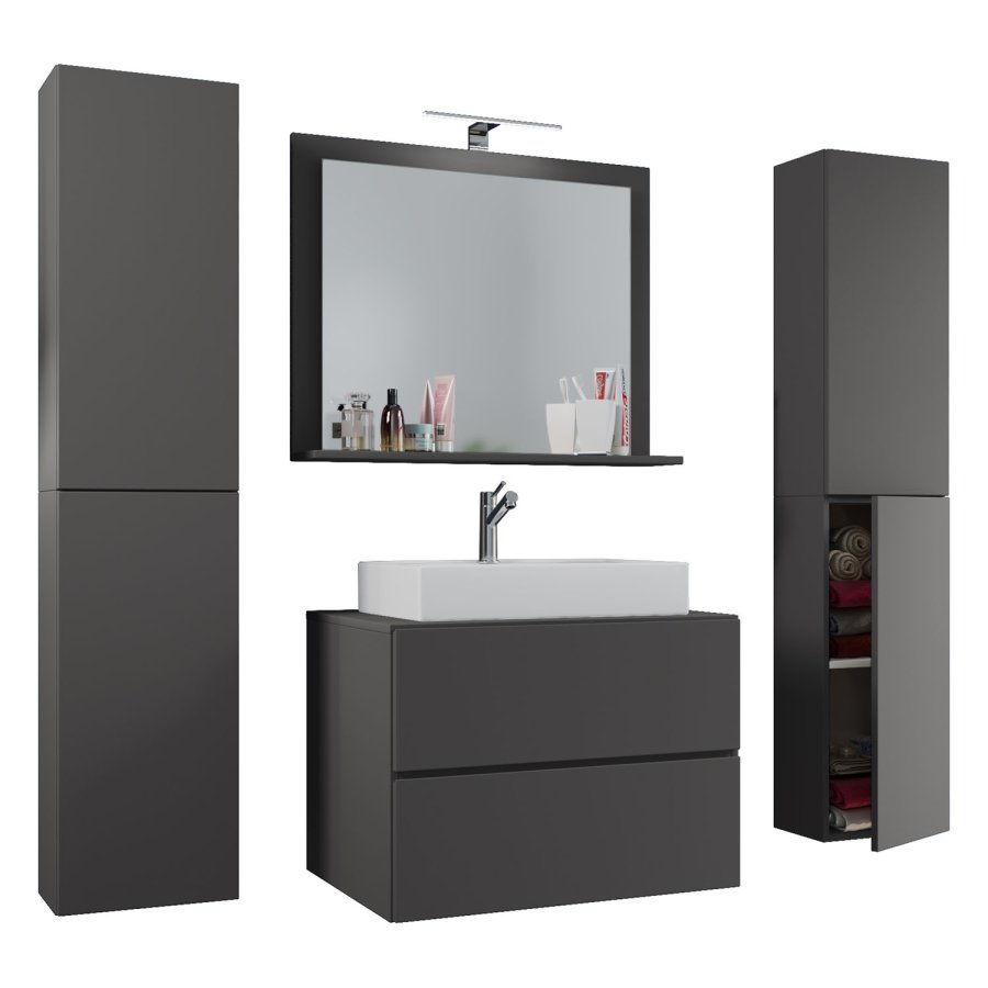 Lendas M baderomsmbelsett - speilglass, keramikk og antrasittgr melamin (sett med 5)