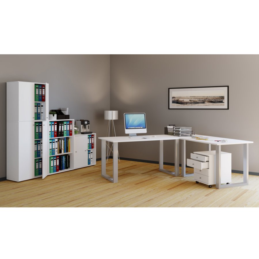 Lona U-foot hjrne skrivebord - hvitt tre og slvgr metall (130x130x50)