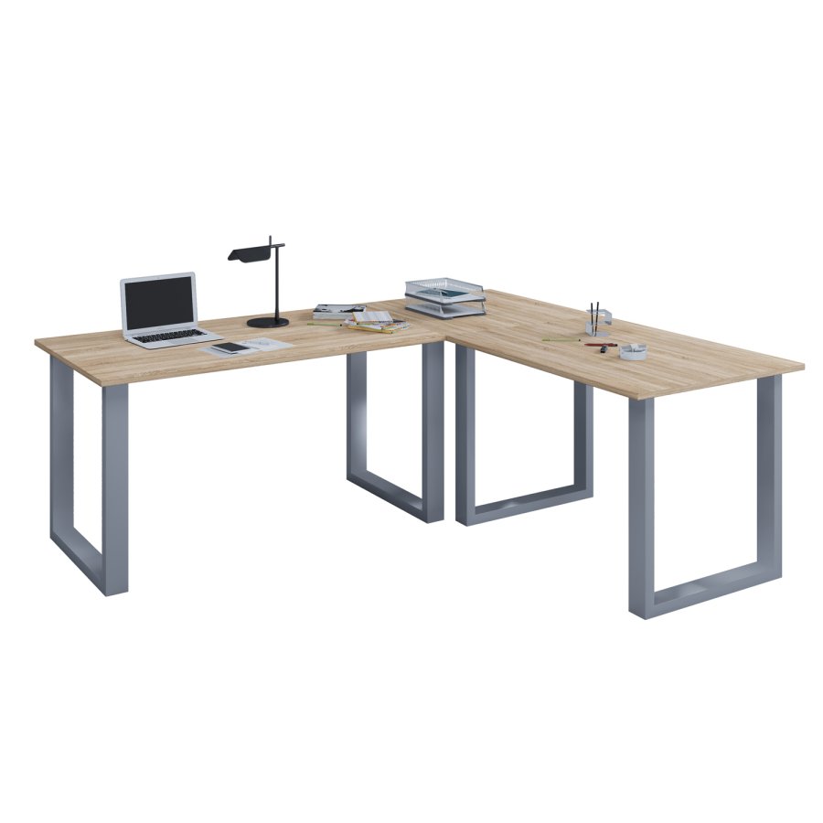 Lona U-foot hjrne skrivebord - naturlig tre og slvgr metall (130x130x50) 