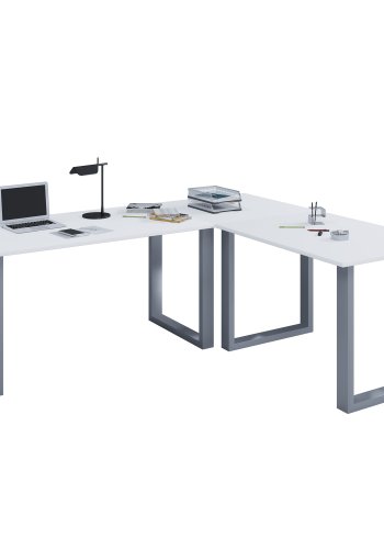 Lona U-foot hjrne skrivebord - hvitt tre og slvgr metall (160x130x50)