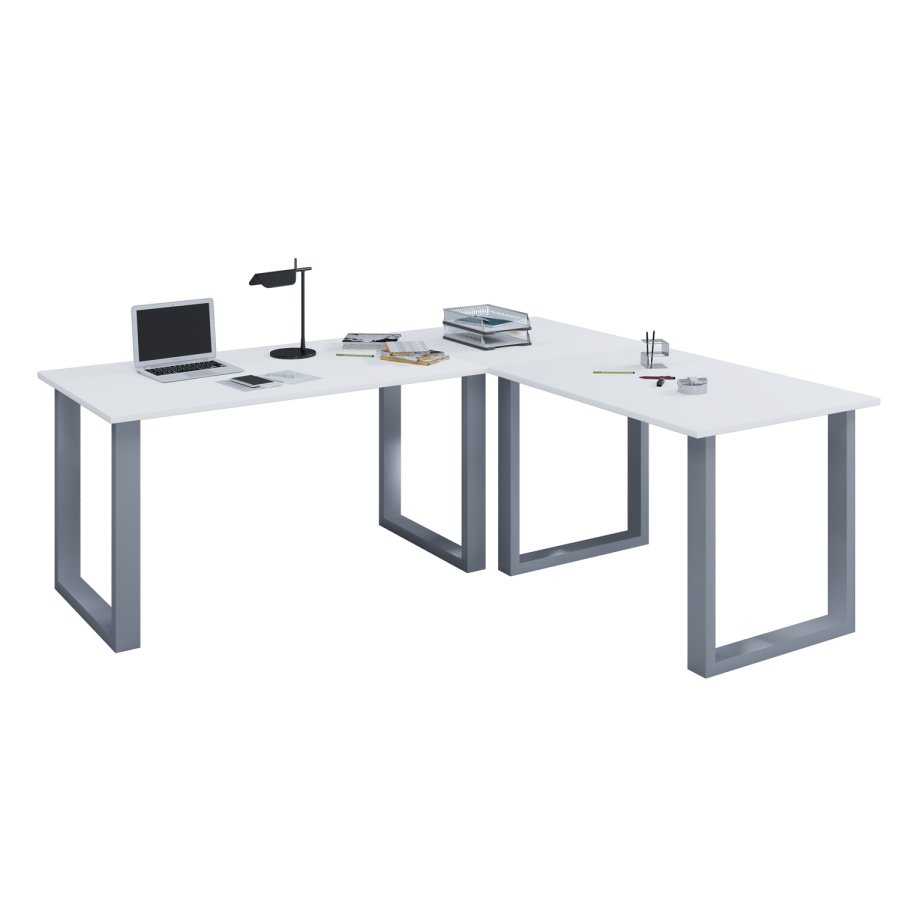 Lona U-foot hjrne skrivebord - hvitt tre og slvgr metall (160x130x50)