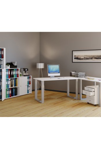 Lona U-foot hjrne skrivebord - hvitt tre og slvgr metall (160x130x50)