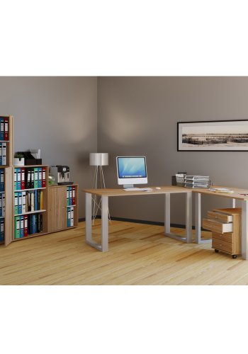 Lona U-foot hjrne skrivebord - naturlig tre og slvgr metall (160x130x50)