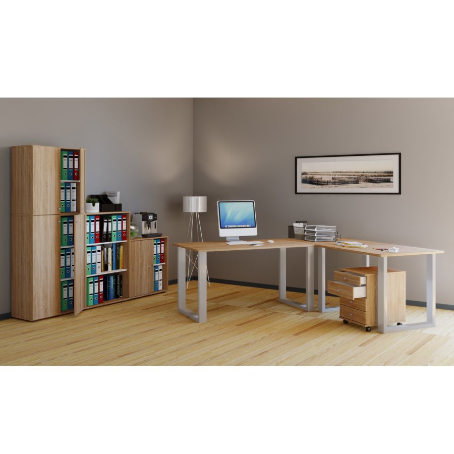 Lona U-foot hjrne skrivebord - naturlig tre og slvgr metall (160x130x50)