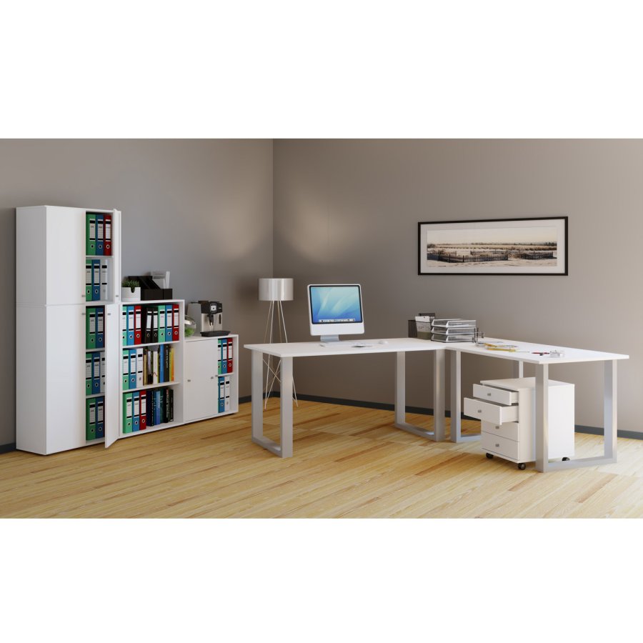 Lona U-foot hjrne skrivebord - hvitt tre og slvgr metall (160x160x50)