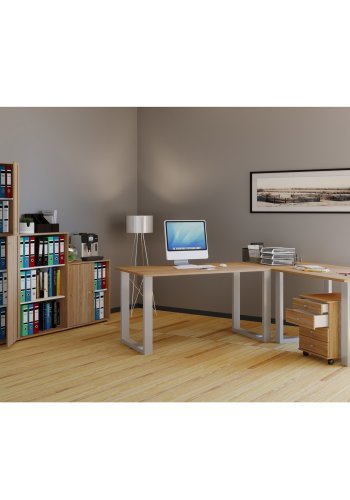 Lona U-ftter hjrne skrivebord - naturlig tre og slvgr metall (160x160x50)