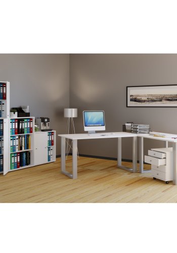 Lona U-foot hjrne skrivebord - hvitt tre og slvgr metall (190x130x50)