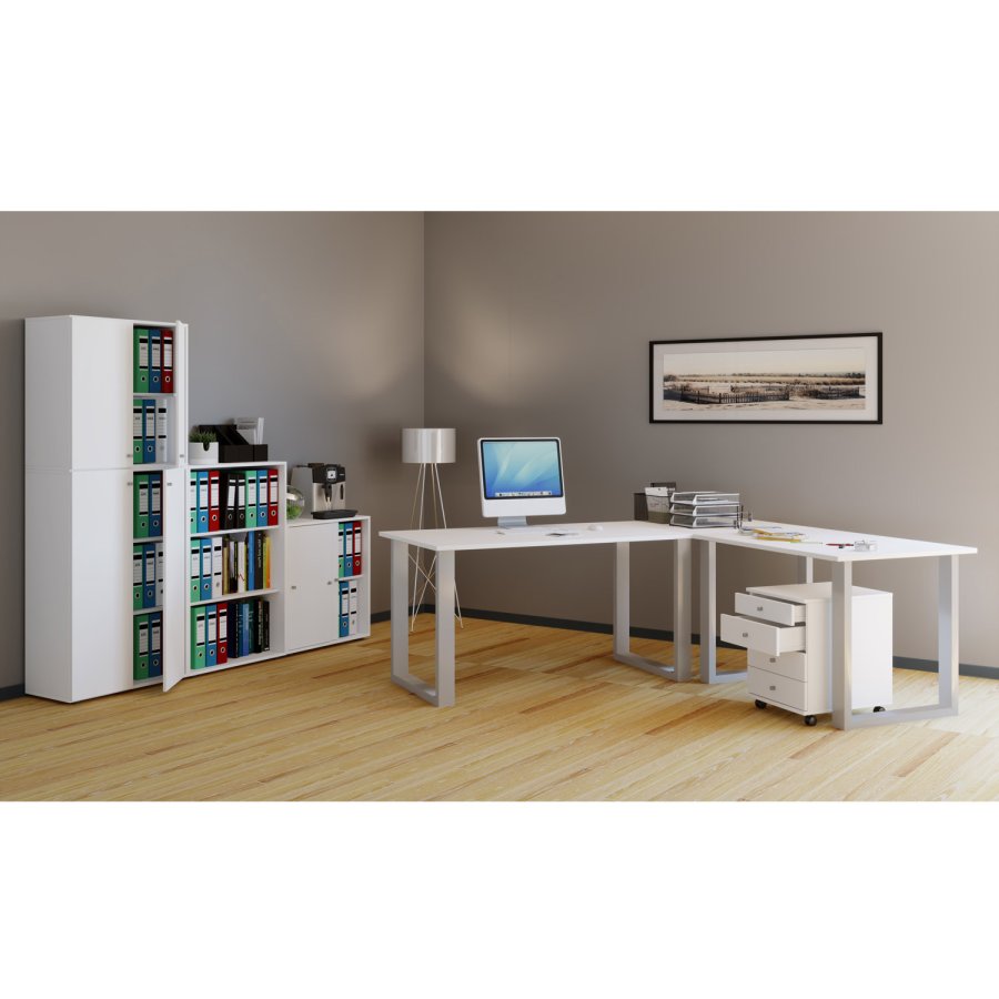 Lona U-foot hjrne skrivebord - hvitt tre og slvgr metall (190x130x50)