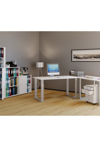 Lona U-foot hjrne skrivebord - hvitt tre og slvgr metall (190x190x50)