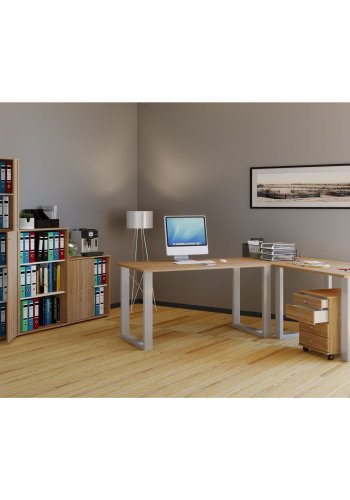 Lona U-ftter hjrne skrivebord - naturlig tre og slvgr metall (190x190x50)