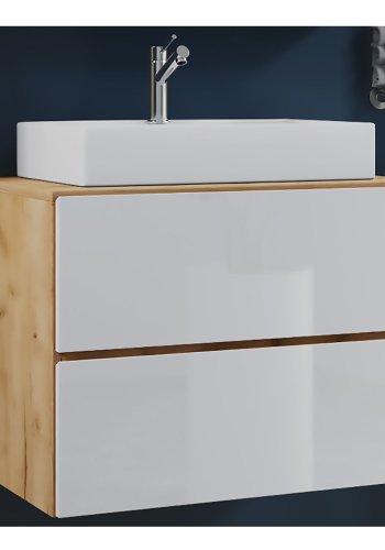 Lendas S baderomsmbelsett - keramisk og naturlig og hvit melamin (sett med 2)