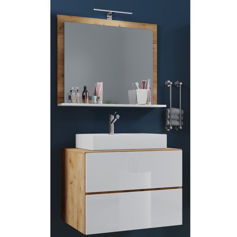 Lendas M baderomsmbelsett - speilglass, keramikk og hvit og naturlig melamin (sett med 3)