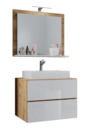 Lendas M baderomsmbelsett - speilglass, keramikk og hvit og naturlig melamin (sett med 3)