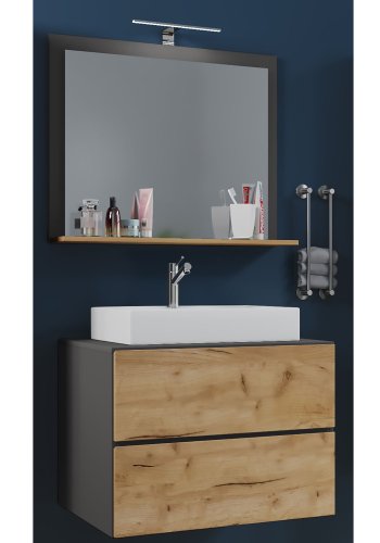 Lendas M baderomsmbelsett - speilglass, keramikk og antrasittgr og naturlig melamin (sett med 3)