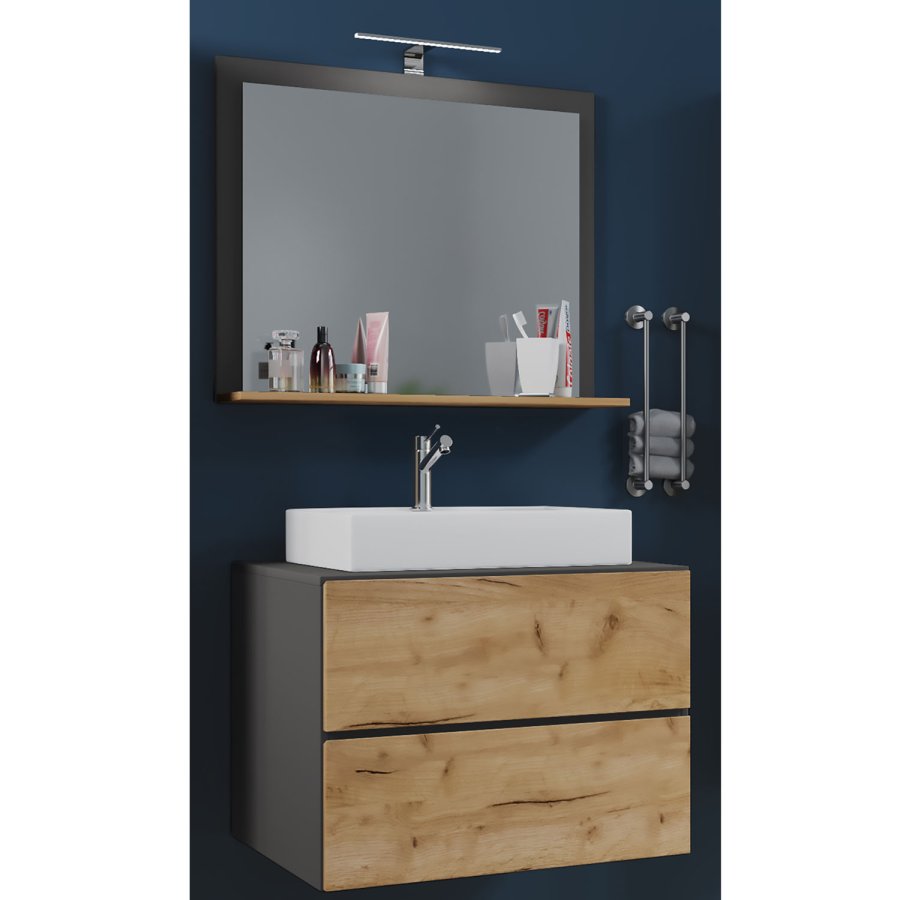 Lendas M baderomsmbelsett - speilglass, keramikk og antrasittgr og naturlig melamin (sett med 3)