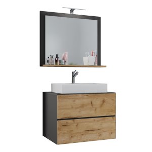 VCM NORDIC Lendas M badrumsmöbler set - spegelglas, keramik och antracitgr och naturlig melamin (set om 3)