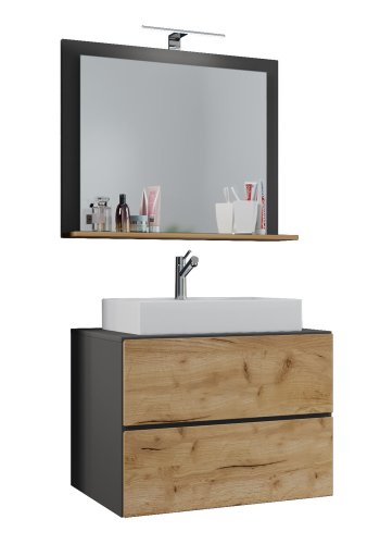 Lendas M baderomsmbelsett - speilglass, keramikk og antrasittgr og naturlig melamin (sett med 3)