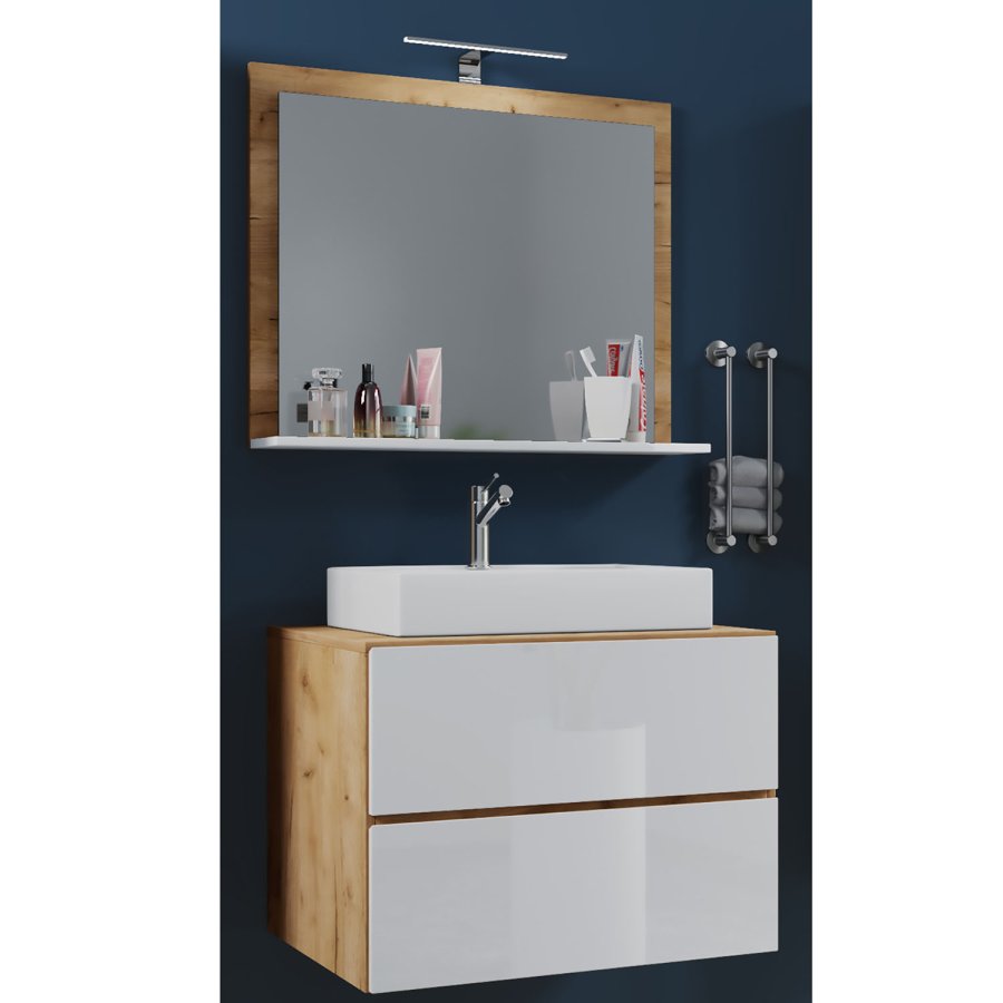 Lendas M baderomsmbelsett - speilglass, keramikk og hvit og naturlig melamin (sett med 3)