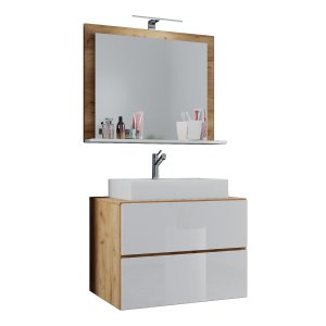 VCM NORDIC Lendas M badrumsmöbler set - spegelglas, keramik och vit och naturlig melamin (set med 3)