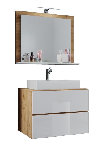 Lendas M baderomsmbelsett - speilglass, keramikk og hvit og naturlig melamin (sett med 3)