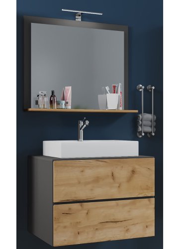 Lendas M baderomsmbelsett - speilglass, keramikk og antrasittgr og naturlig melamin (sett med 3)