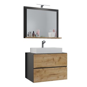 VCM NORDIC Lendas M badrumsmöbler set - spegelglas, keramik och antracitgr och naturlig melamin (set om 3)