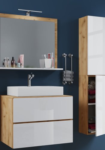 Lendas M baderomsmbelsett - speilglass, keramikk og hvit og naturlig melamin (sett med 4)