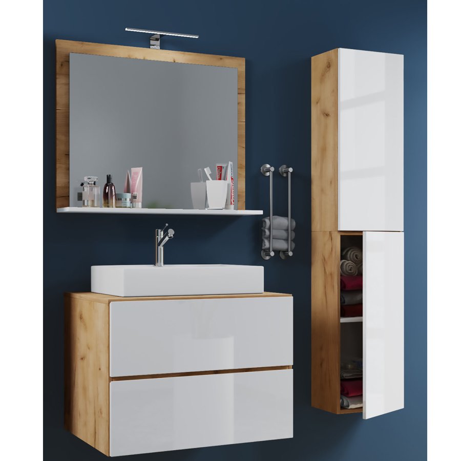 Lendas M baderomsmbelsett - speilglass, keramikk og hvit og naturlig melamin (sett med 4)