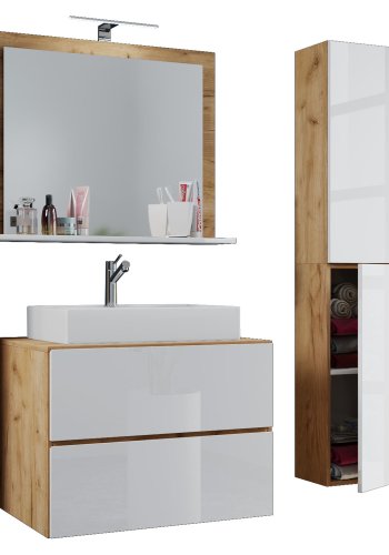 Lendas M baderomsmbelsett - speilglass, keramikk og hvit og naturlig melamin (sett med 4)