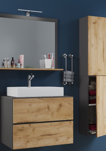 Lendas M baderomsmbelsett - speilglass, keramikk og antrasittgr og naturlig melamin (sett med 4)