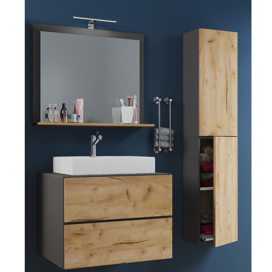 Lendas M baderomsmbelsett - speilglass, keramikk og antrasittgr og naturlig melamin (sett med 4)