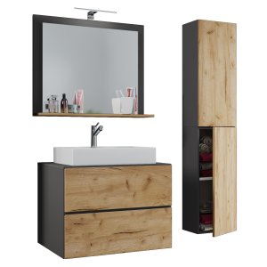 VCM NORDIC Lendas M badrumsmöbelset - spegelglas, keramik och antracitgr och naturlig melamin (set om 4)